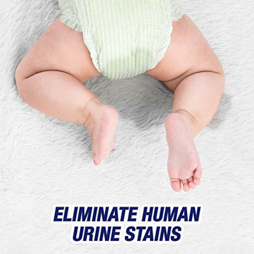 Baby in diaper on white carpet with text: Eliminate human urine stains