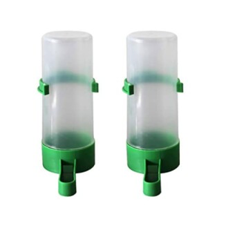 Two green and transparent bird water feeders.