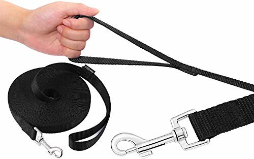 Hand holding a black dog training leash with metal clip.