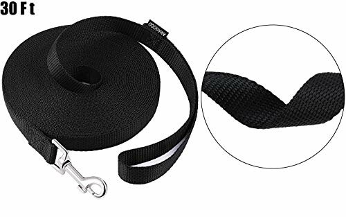 Black 30 ft dog training leash with metal clip.