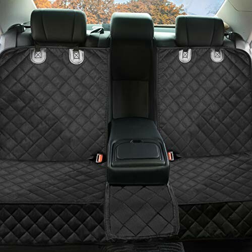 Black quilted car back seat cover with headrest attachments.