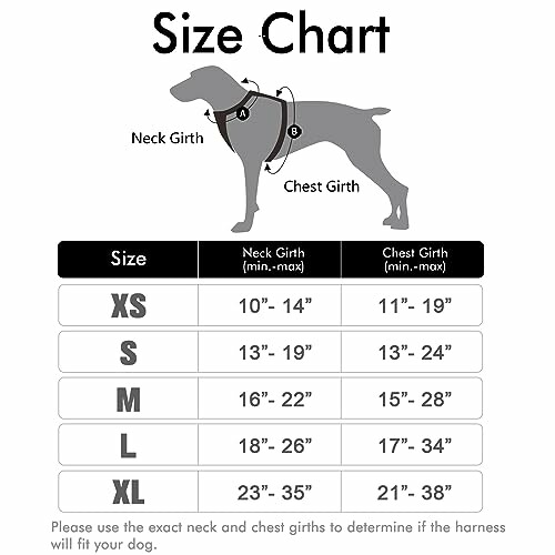 Dog harness size chart with neck and chest girth measurements.