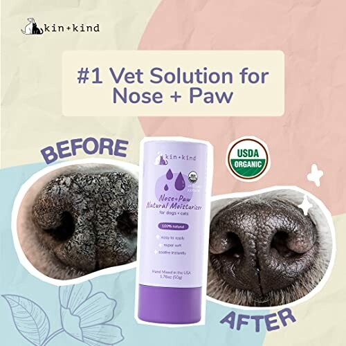 Dog nose and paw moisturizer with before and after images.