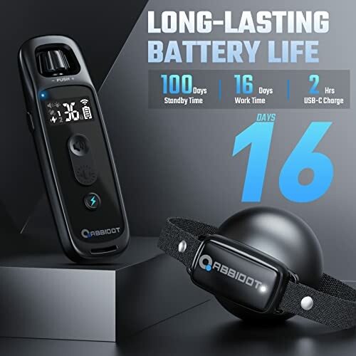 Dog training collar with long-lasting battery life display.