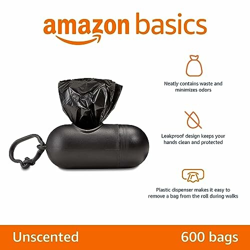 Amazon Basics dog waste bags with dispenser, 600 count, unscented.