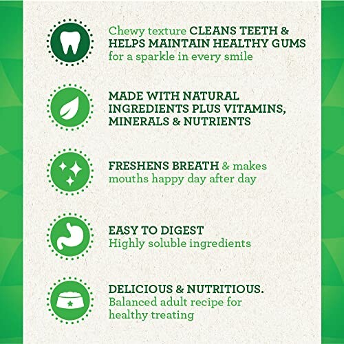 Infographic listing benefits of dog treats: cleans teeth, natural ingredients, freshens breath, easy to digest, delicious and nutritious.