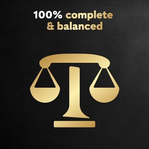 Golden balance scale icon with '100% complete & balanced' text on black background.