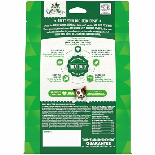 Back of Greenies dog treat package with product information and branding.