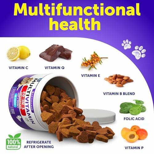 Multifunctional health dog treats with vitamins and natural ingredients.