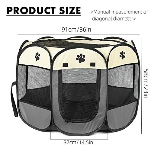 Portable pet playpen with mesh windows and paw prints, size dimensions included.