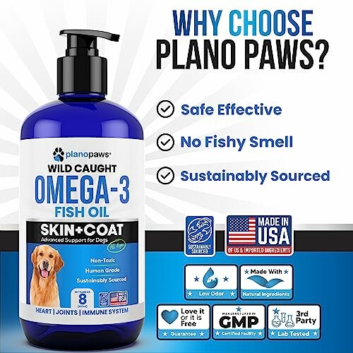 Plano Paws Omega-3 Fish Oil for dogs, safe and sustainably sourced.