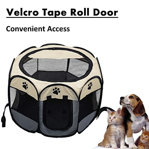 Portable pet playpen with a velcro tape roll door and pets beside it.