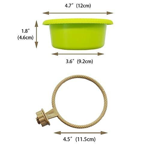 Round green container with lid, dimensions 4.7 inches by 1.8 inches, and a rope loop with 4.5 inches diameter.