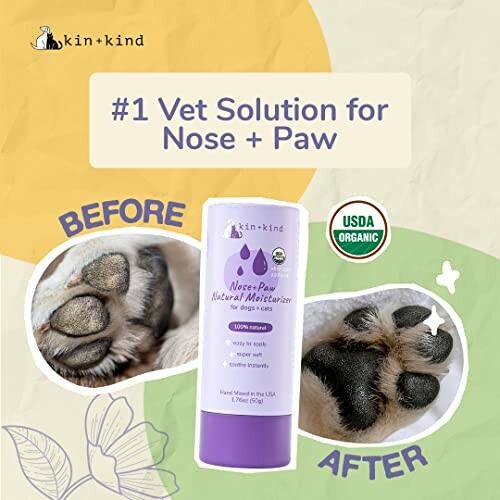 Before and after of a dog's paw using kin+kind Nose Paw Natural Moisturizer.